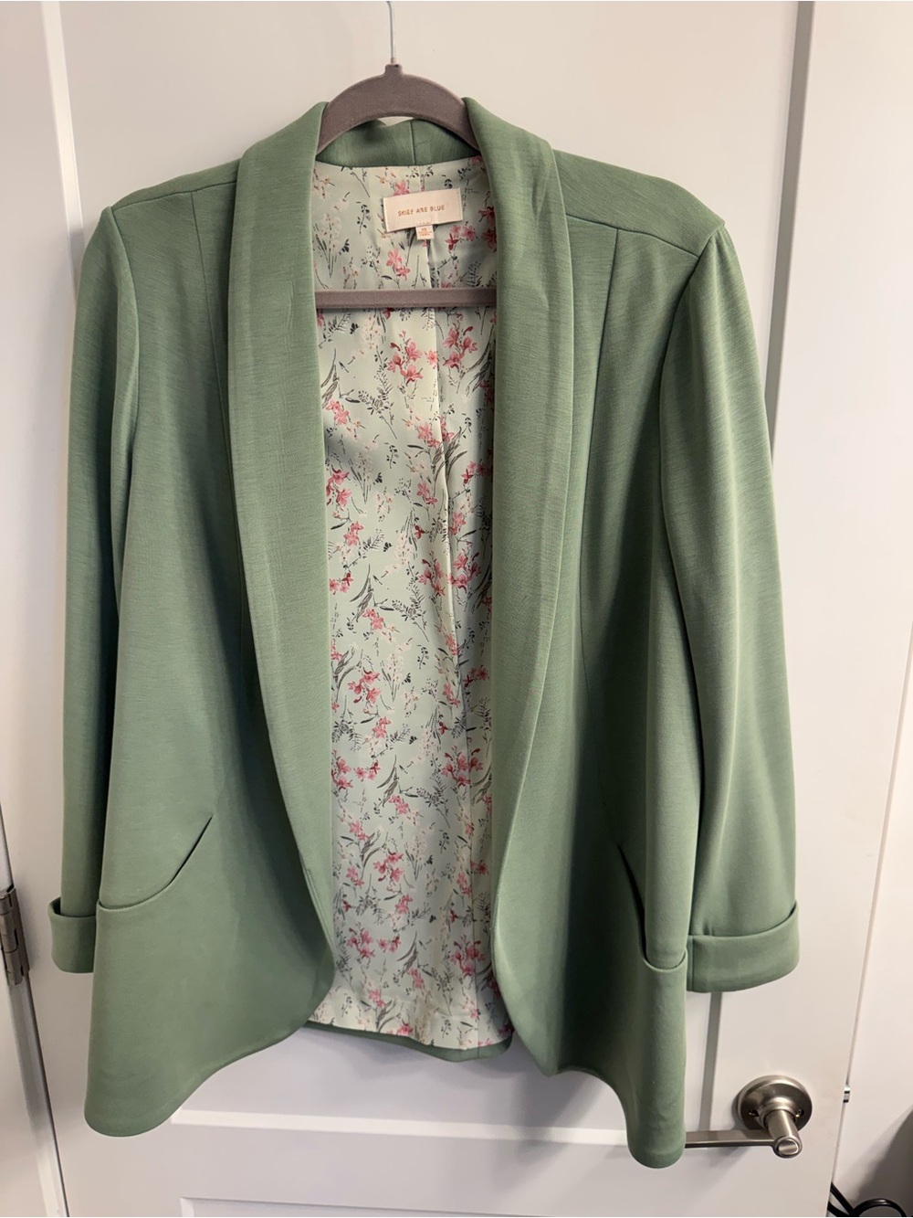 Skies Are Blue Mint Green Open-Front Blazer with Floral Lining - Picture 1 of 3